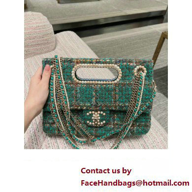 Chanel Wool and Silk Tweed, Glass and Wooden Pearls  &  Gold-Tone Metal Large Flap Bag with Top Handle AS4221 2023